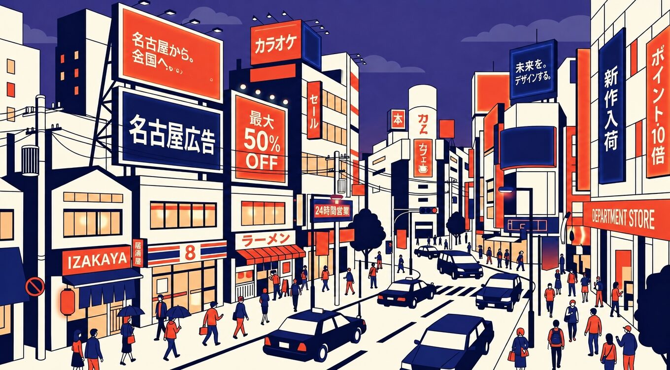 名古屋の街並みとビルボードに「名古屋広告」の文字が入ったイラスト